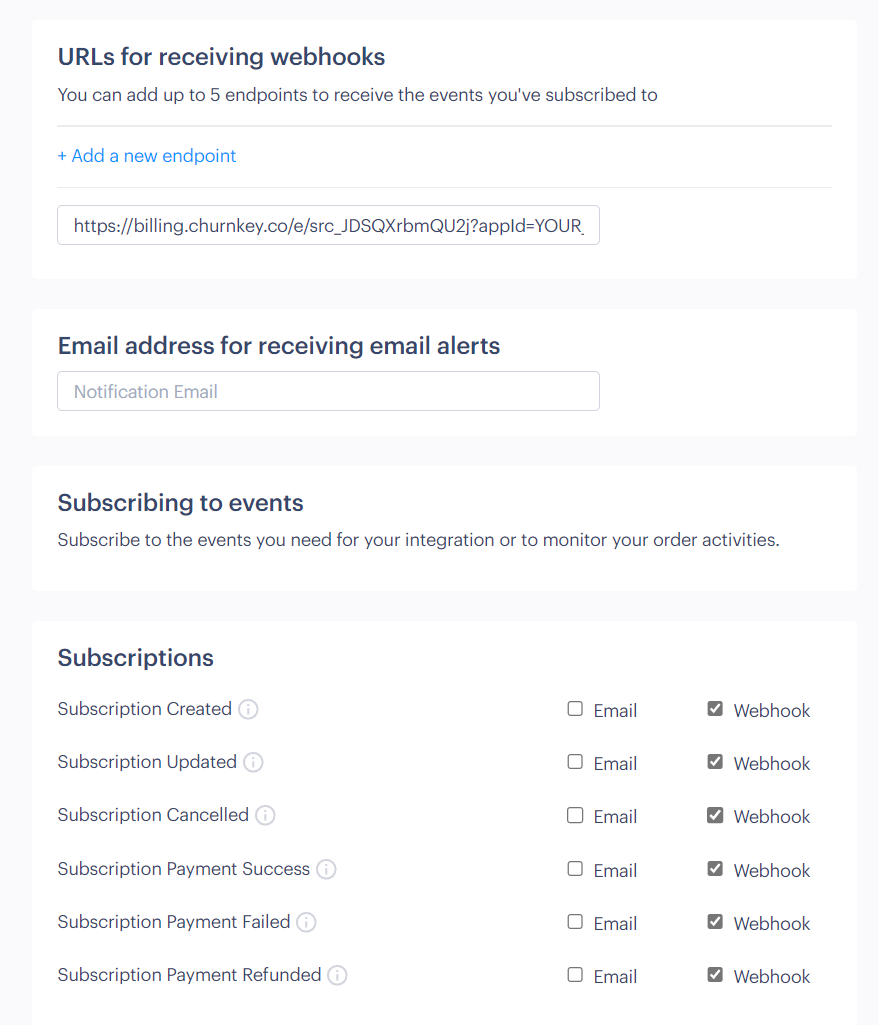 Paddle webhooks configuration screenshot